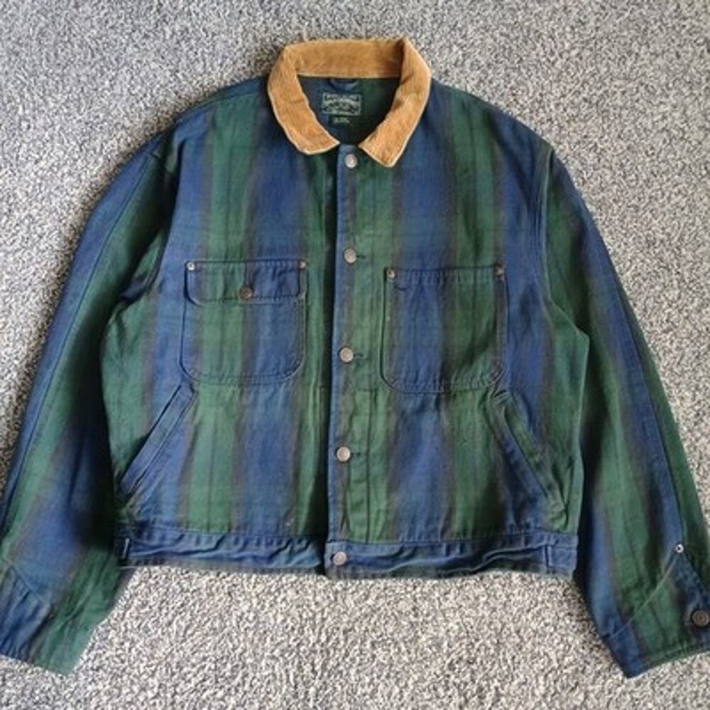 Polo Country Ralph Lauren Plaid Denim Jacket Large USA 90s Vintage Earth Tone